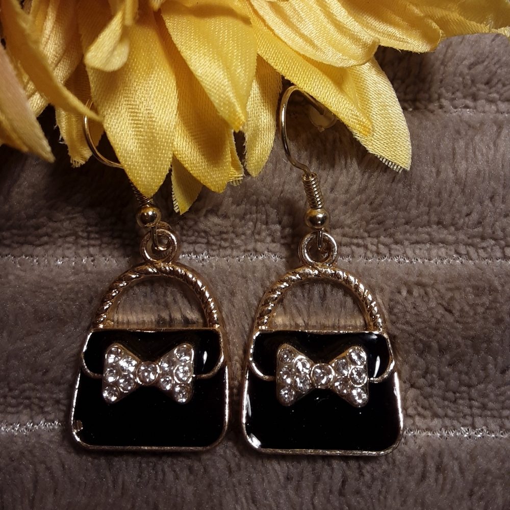 handmade Enamel Purse Pierced  Earrings Black - Picture 2 of 2